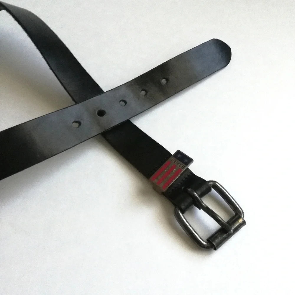 Esprit Vintage 80s Black Leather Belt With Metal Flag Loop